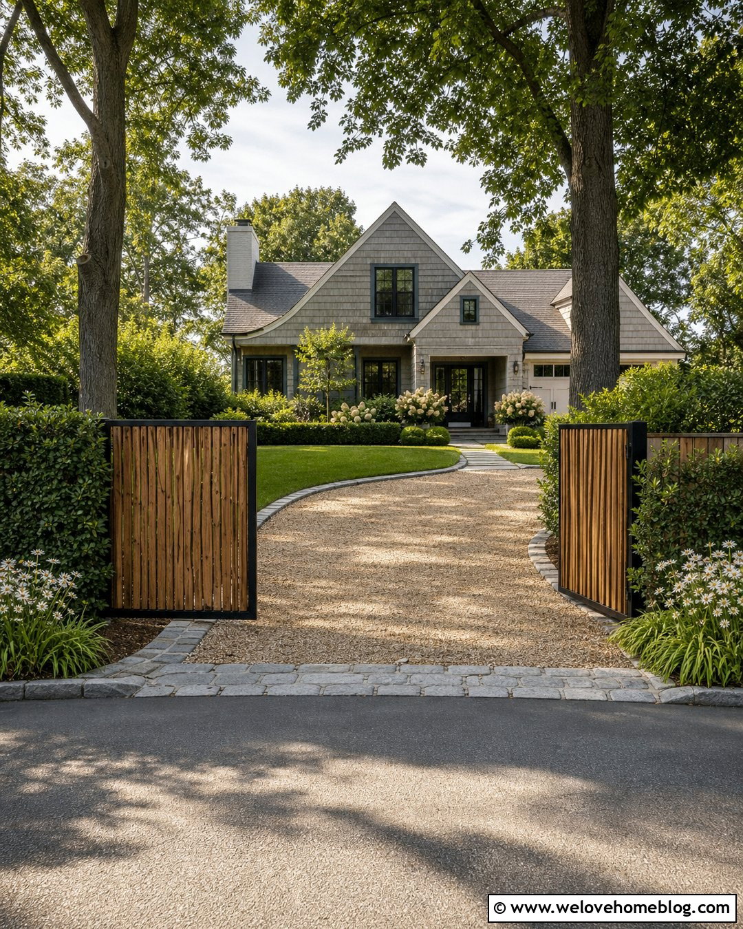 Uneven Split Driveway Gate With Matching Fence