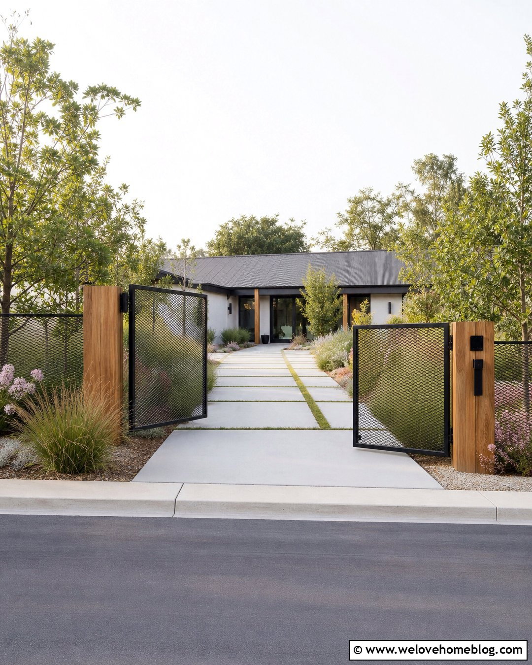 Uneven Split Driveway Gate With Metal Mesh - 20 Uneven Split Driveway Gate Ideas