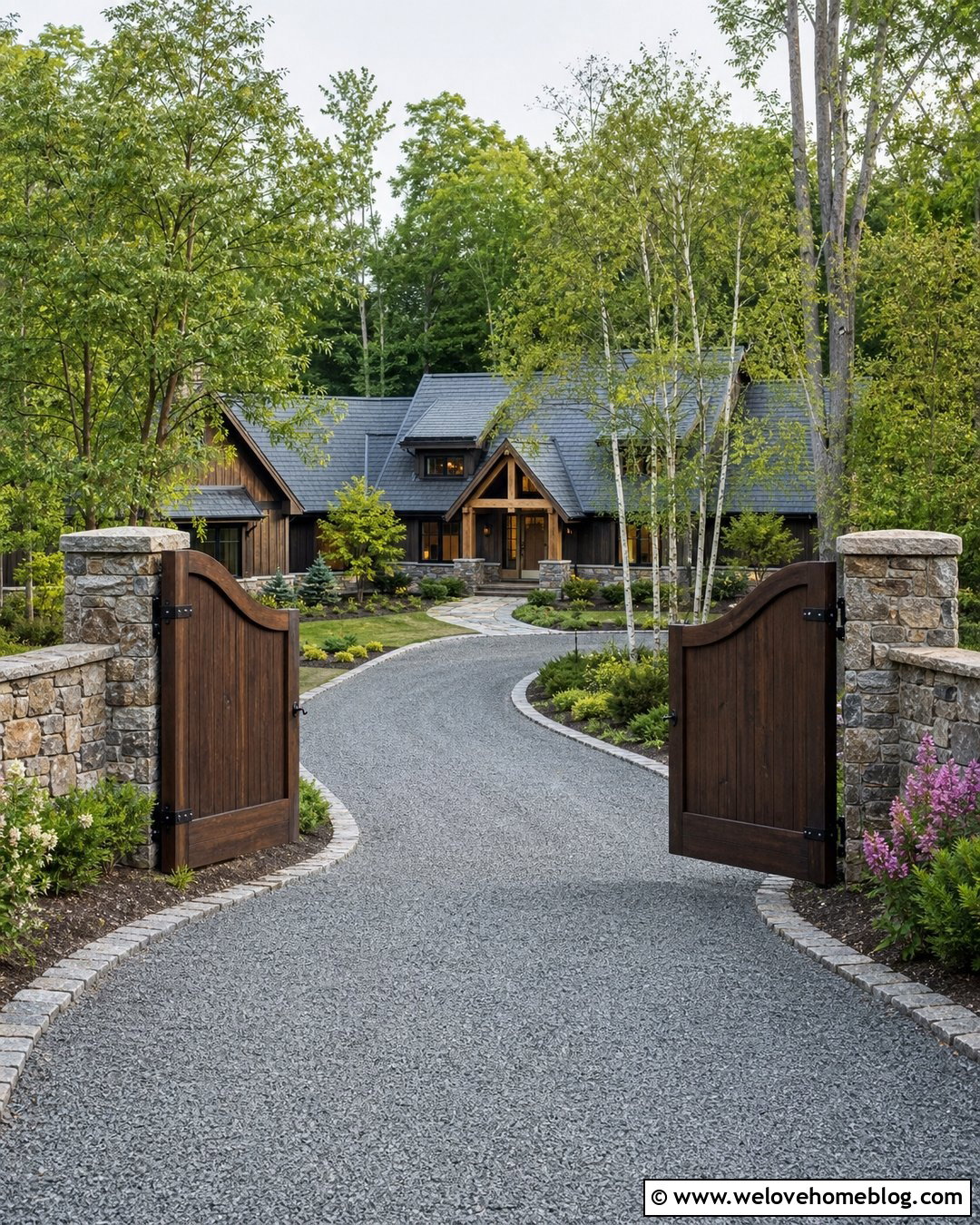 Uneven Split Driveway Gate With Stone Pillars - 20 Uneven Split Driveway Gate Ideas