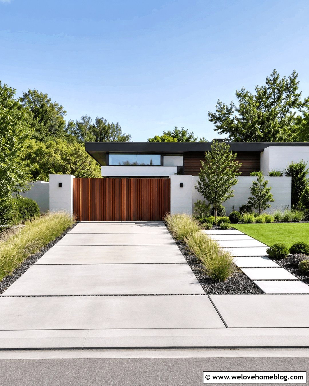 Vertical Slat Wooden Gate With Concrete Driveway - 20 Wooden Entrance Gates Driveway Ideas