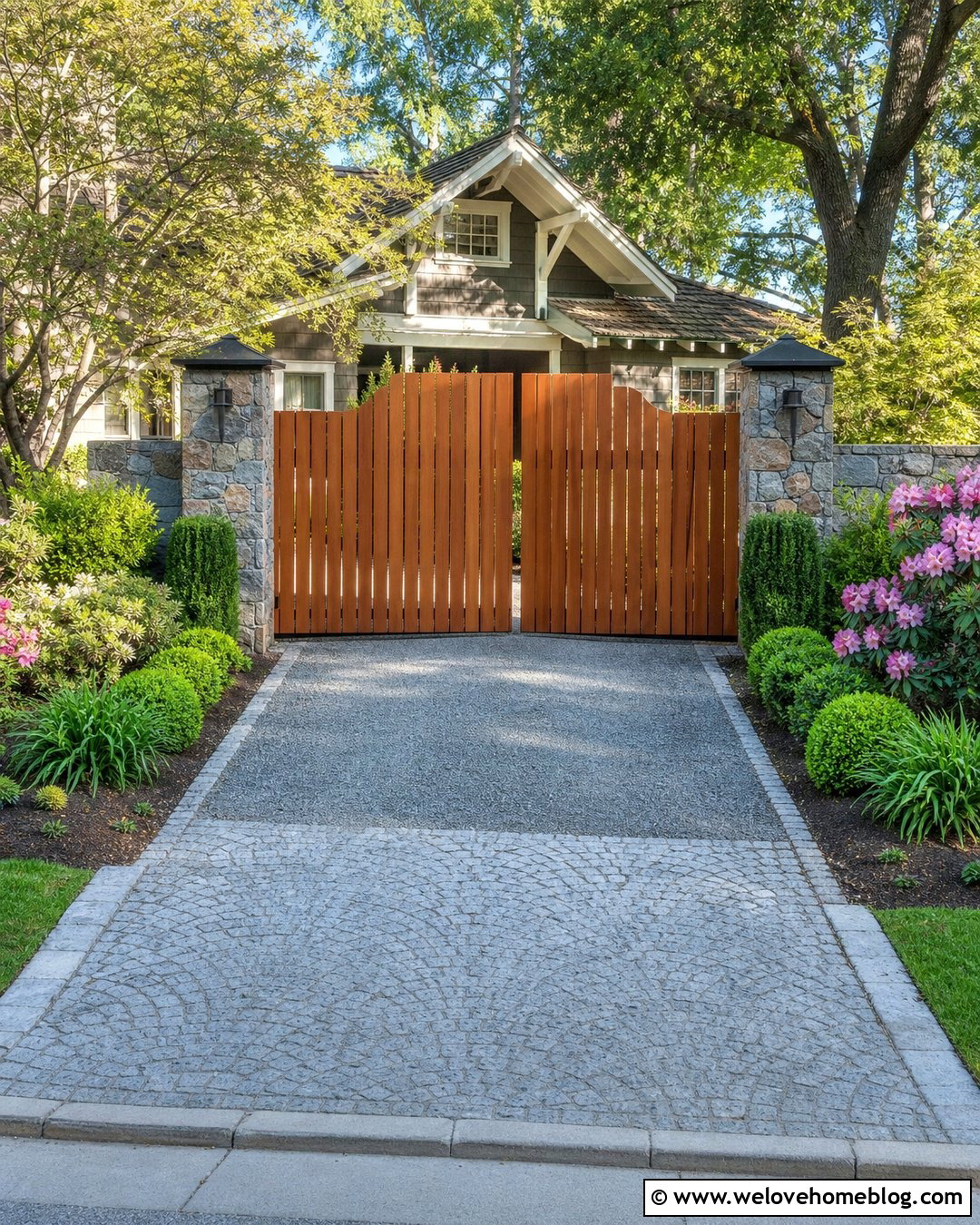 Vertical Wood Driveway Gate With Cobblestone Apron - 25 Wood Driveway Gate Ideas