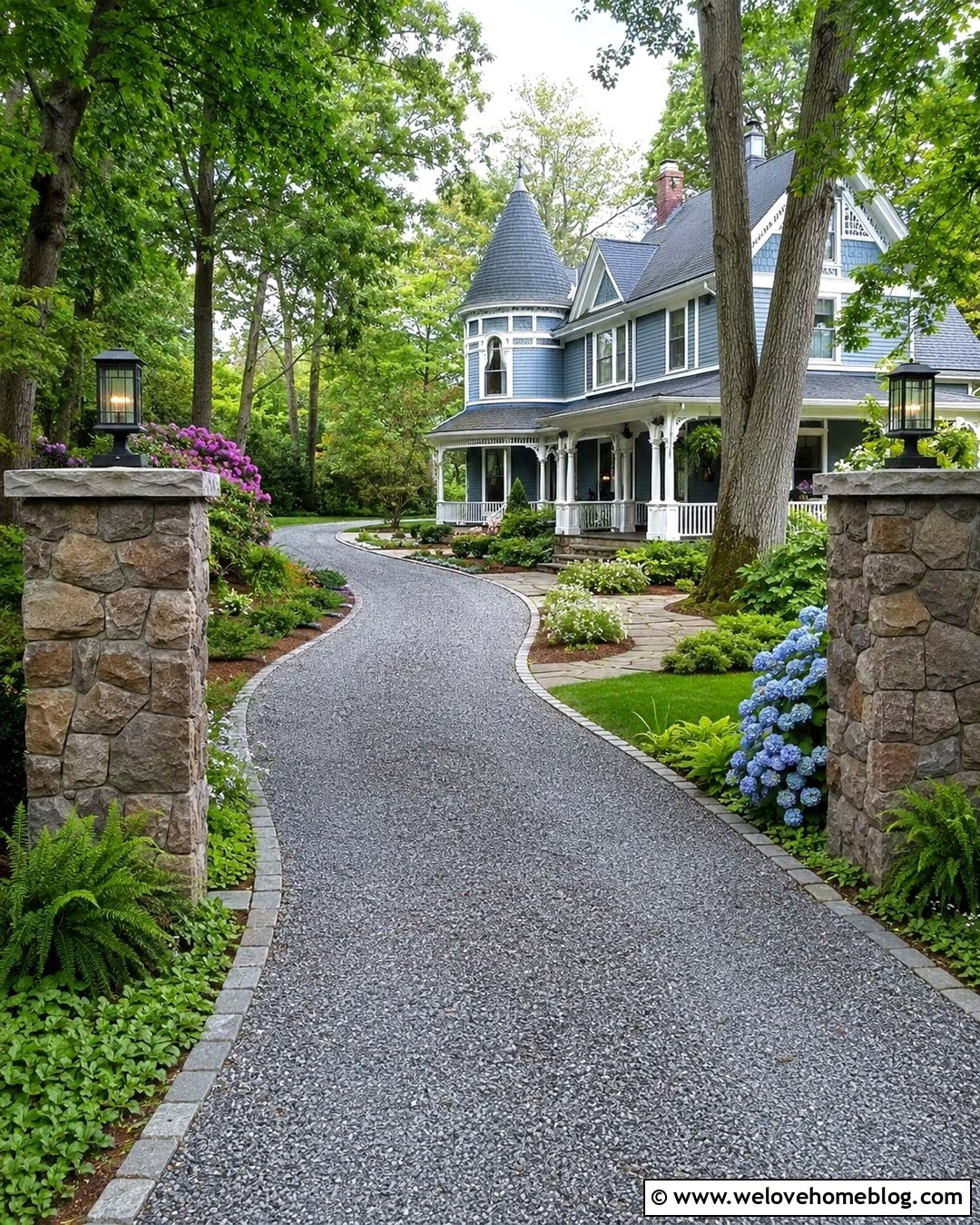 Victorian House Gray Gravel Driveway With Stone Pillars - 20 victorian house driveway ideas