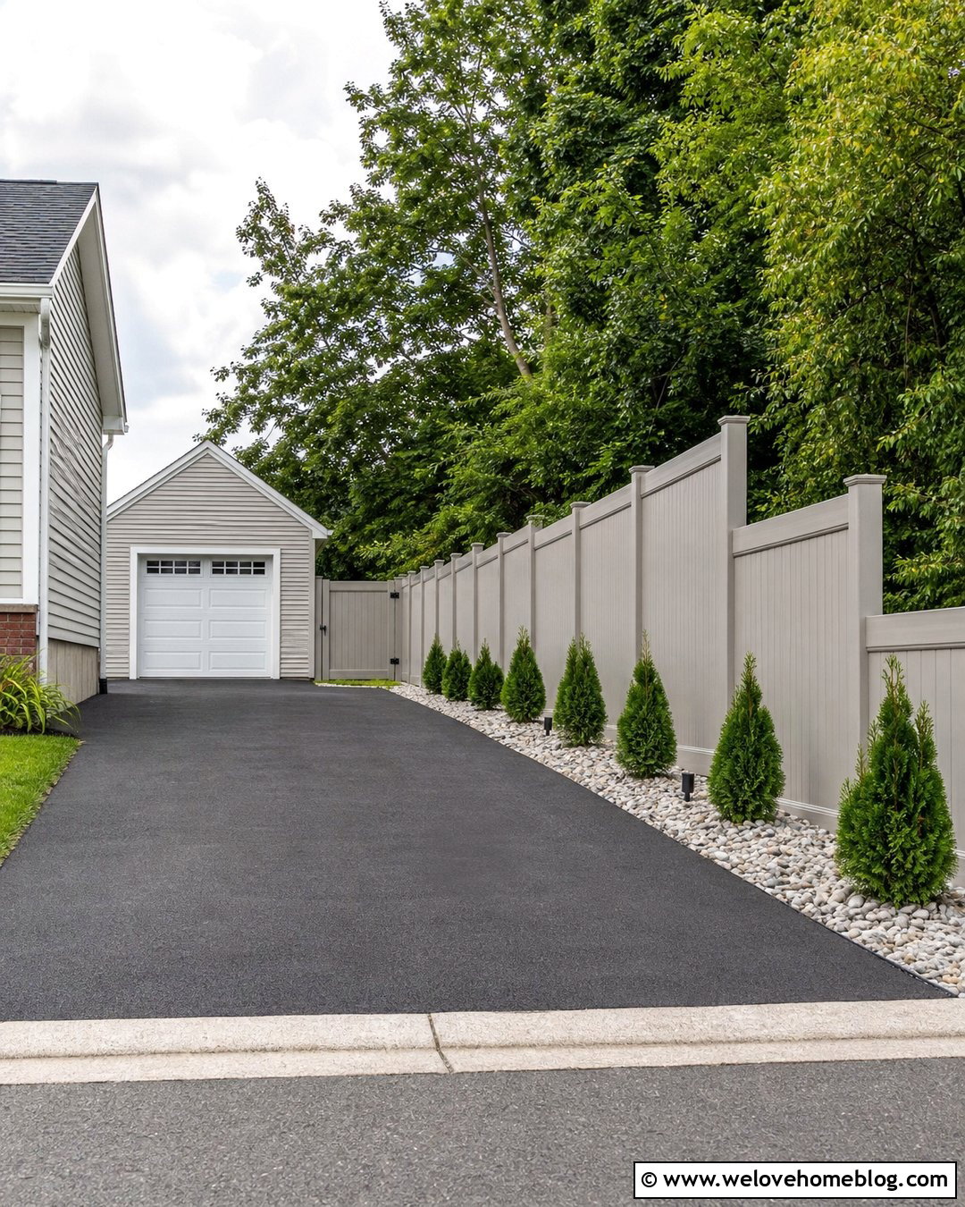 Vinyl Privacy Fence Lined Asphalt Driveway - 20 Fence Lined Driveway Ideas