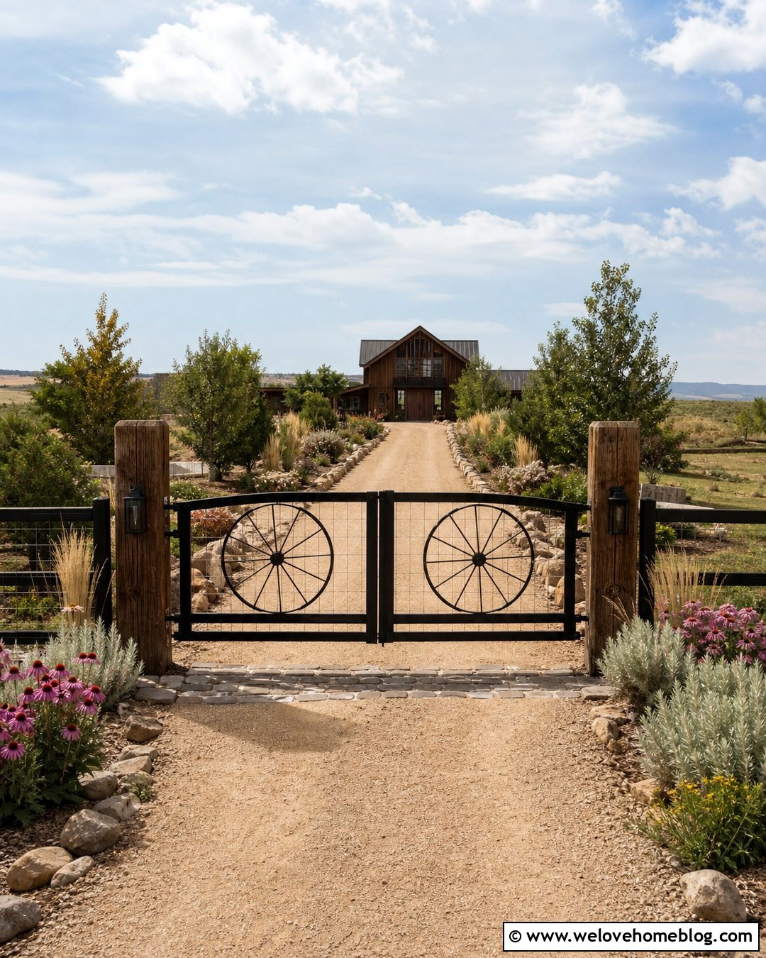 Wagon Wheel Country Gate With Tan Gravel Driveway - 20 Country Gates Driveway Ideas