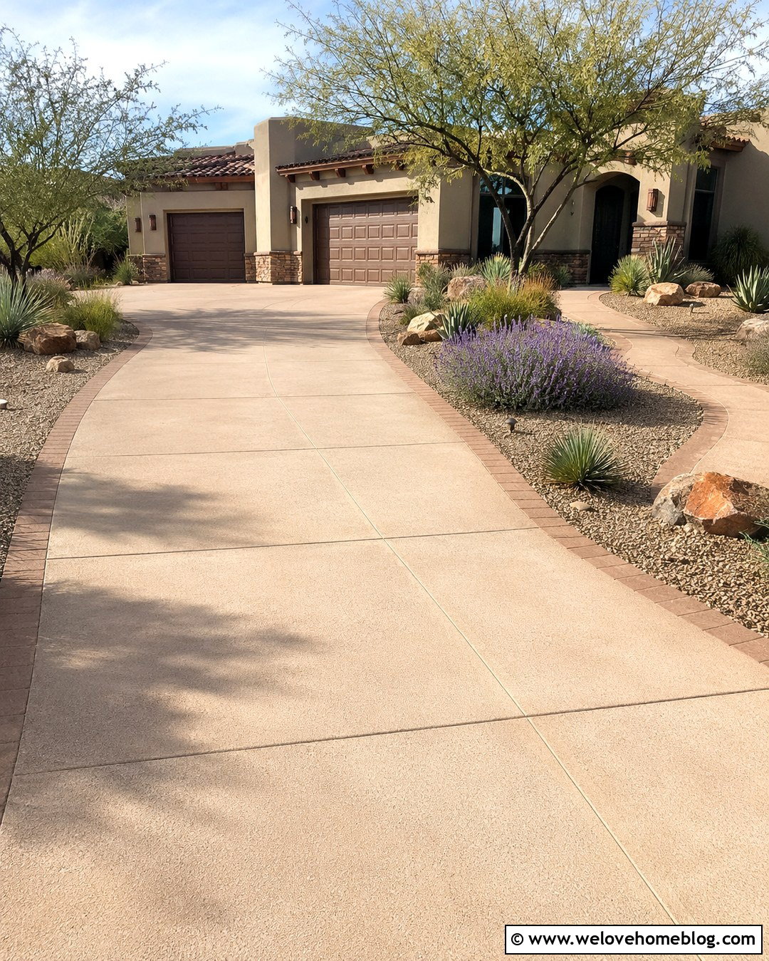 Warm Beige Cement Driveway With Desert Plants - 20 Cement Driveway Curb Appeal Ideas