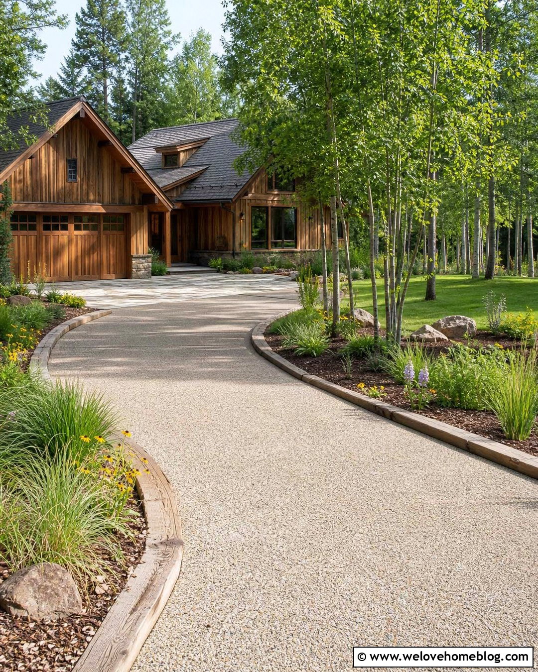 Warm Grey Aggregate Driveway With Timber Edging - 20 Grey Aggregate Driveway Ideas