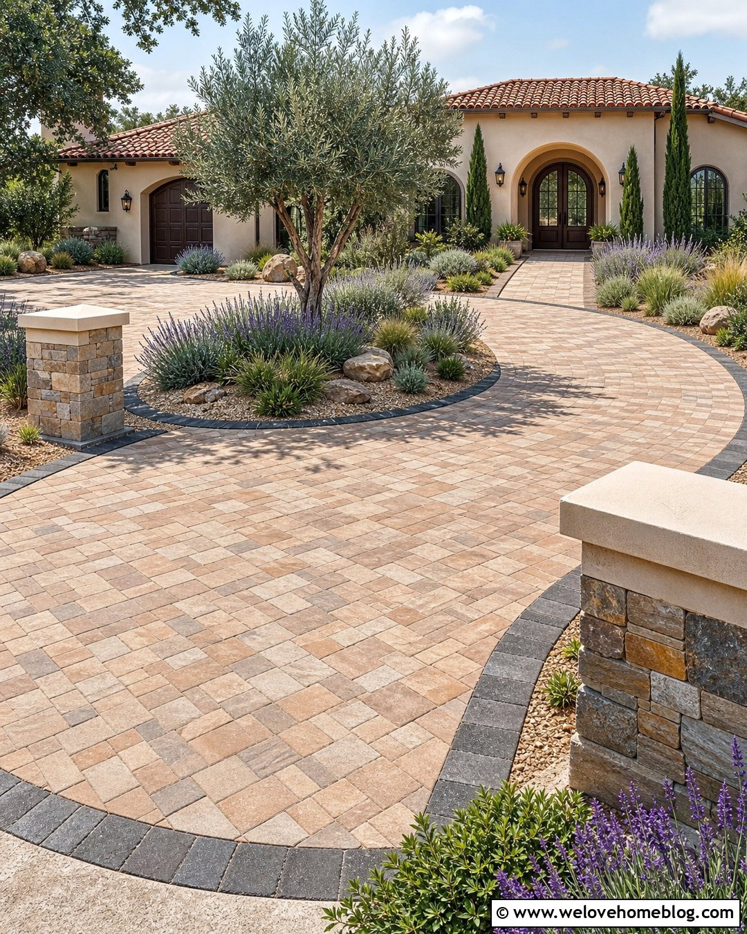 Warm Paver Half Circle Driveway With Mediterranean Plants - 40 half circle driveway landscaping ideas