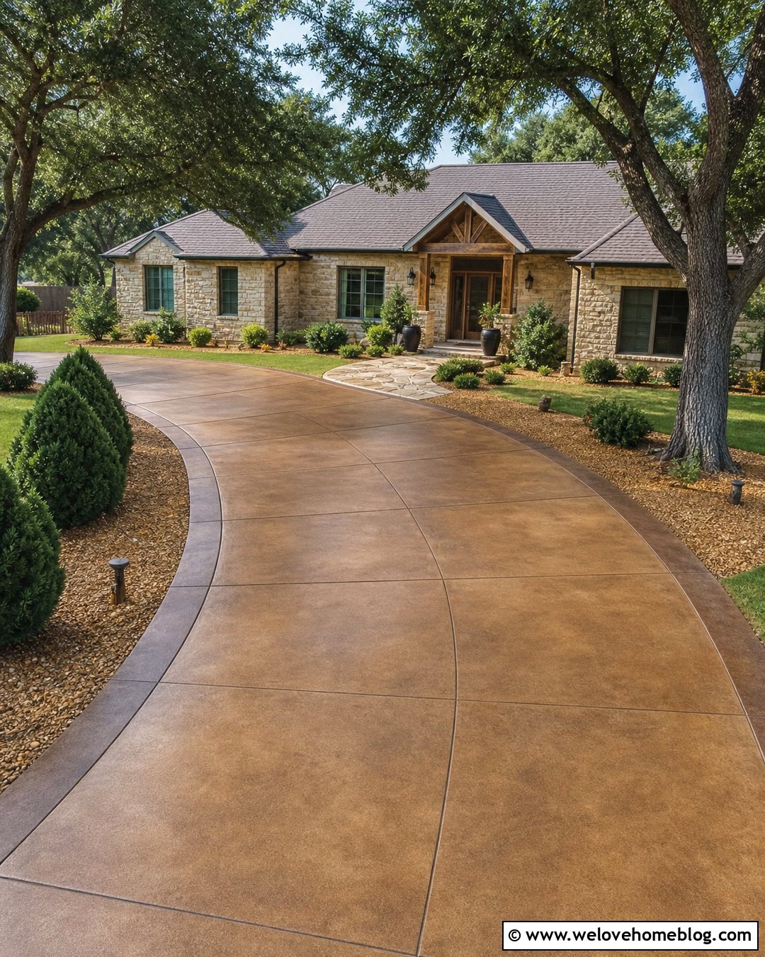 Warm Tan Stained Concrete Driveway - 30 Concrete Driveway Resurfacing Ideas