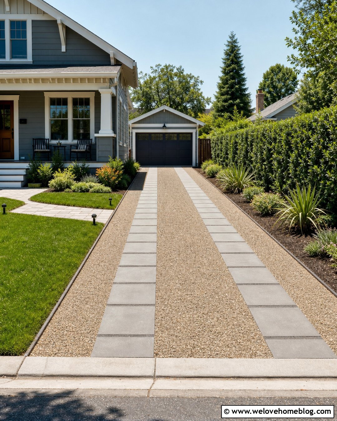 Washed Gravel Driveway With Paver Tire Tracks - 20 Loose Stone Driveway Ideas