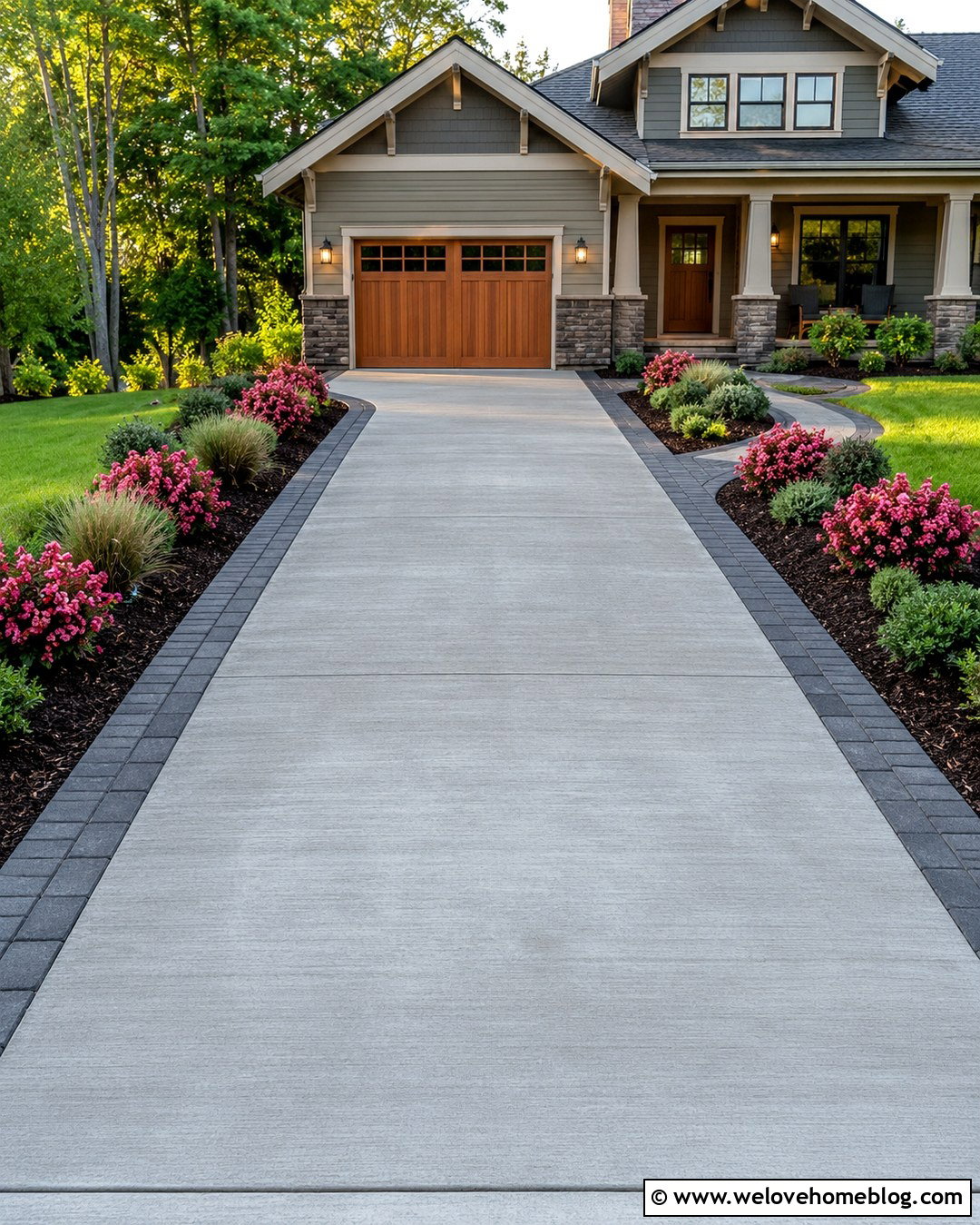 Weigela Shrubs Along A Concrete Driveway With Paver Borders - 20 shrubs along driveway ideas