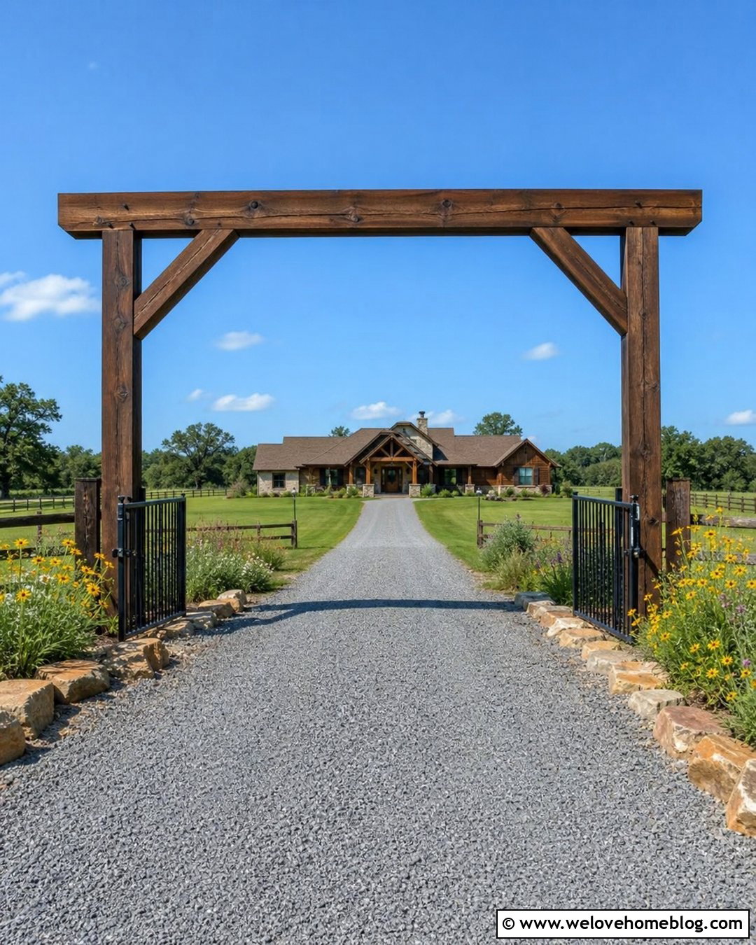 Western Timber Arch Gate With Gray Gravel Driveway - 20 western gate entrance driveways ideas