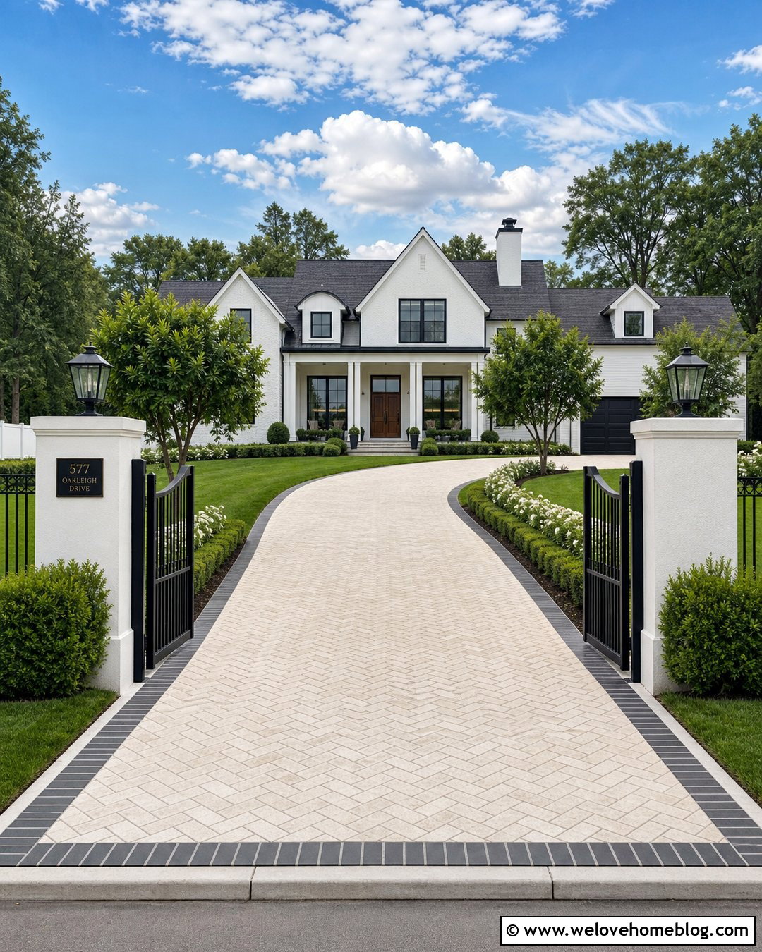 White Brick Driveway With Black Gate And Pillars - 20 White Brick Driveway Ideas