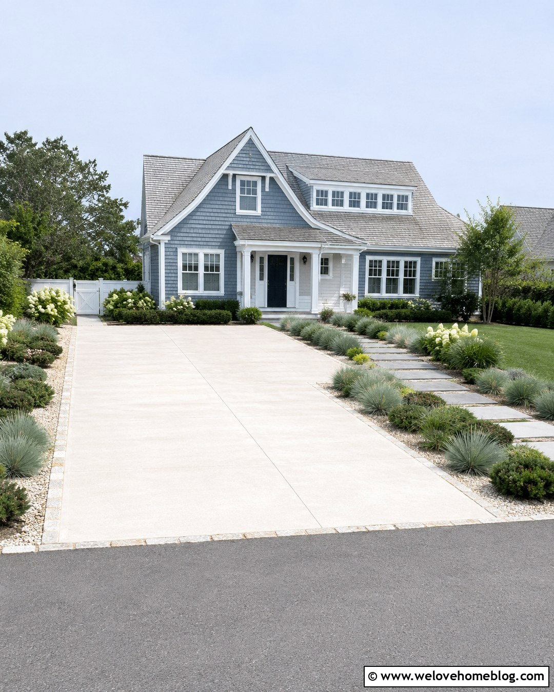 White Cement Driveway With Coastal Landscaping - 20 Cement Driveway Curb Appeal Ideas