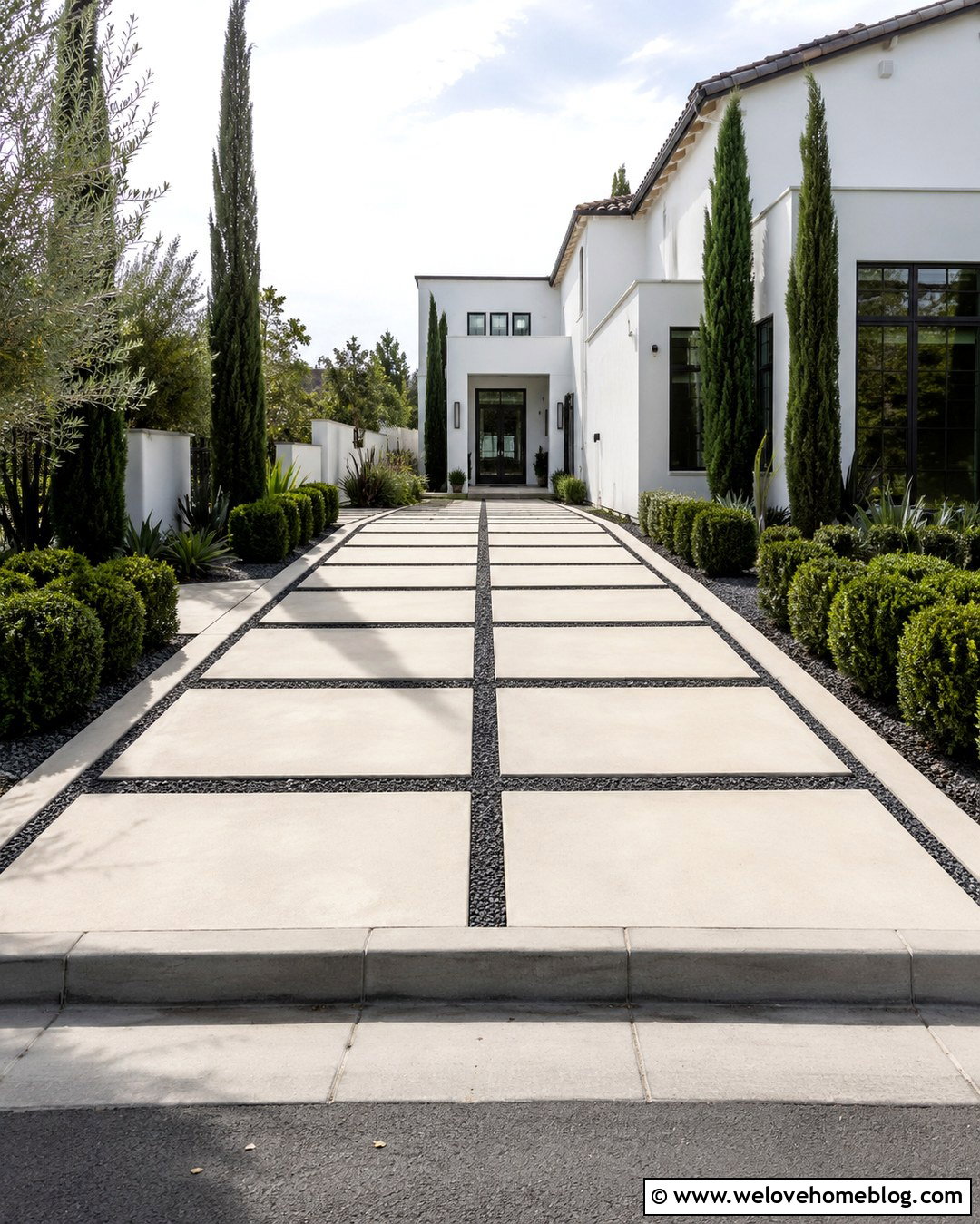 White Concrete Checkerboard Driveway With Black Gravel - 20 Checkerboard Driveway Ideas