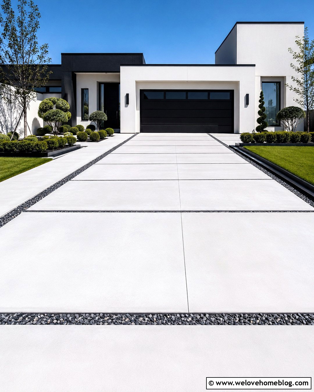 White Concrete Driveway With Black Gravel Bands - 20 Modern Concrete Driveway Designs Ideas