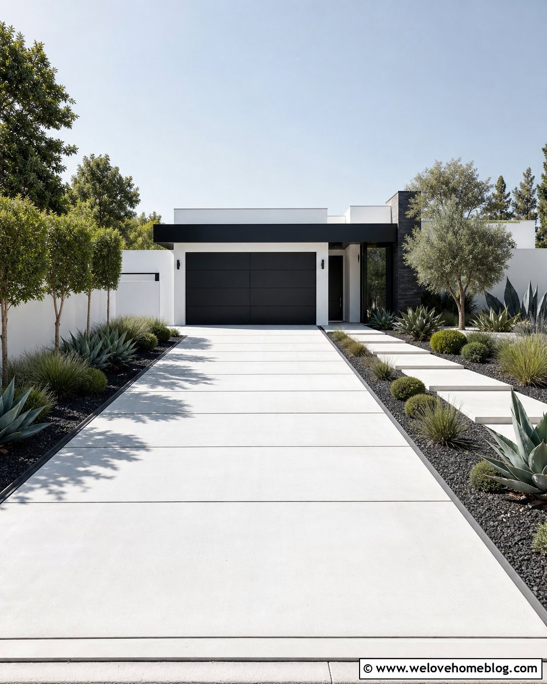 White Concrete Driveway With Black Gravel Borders