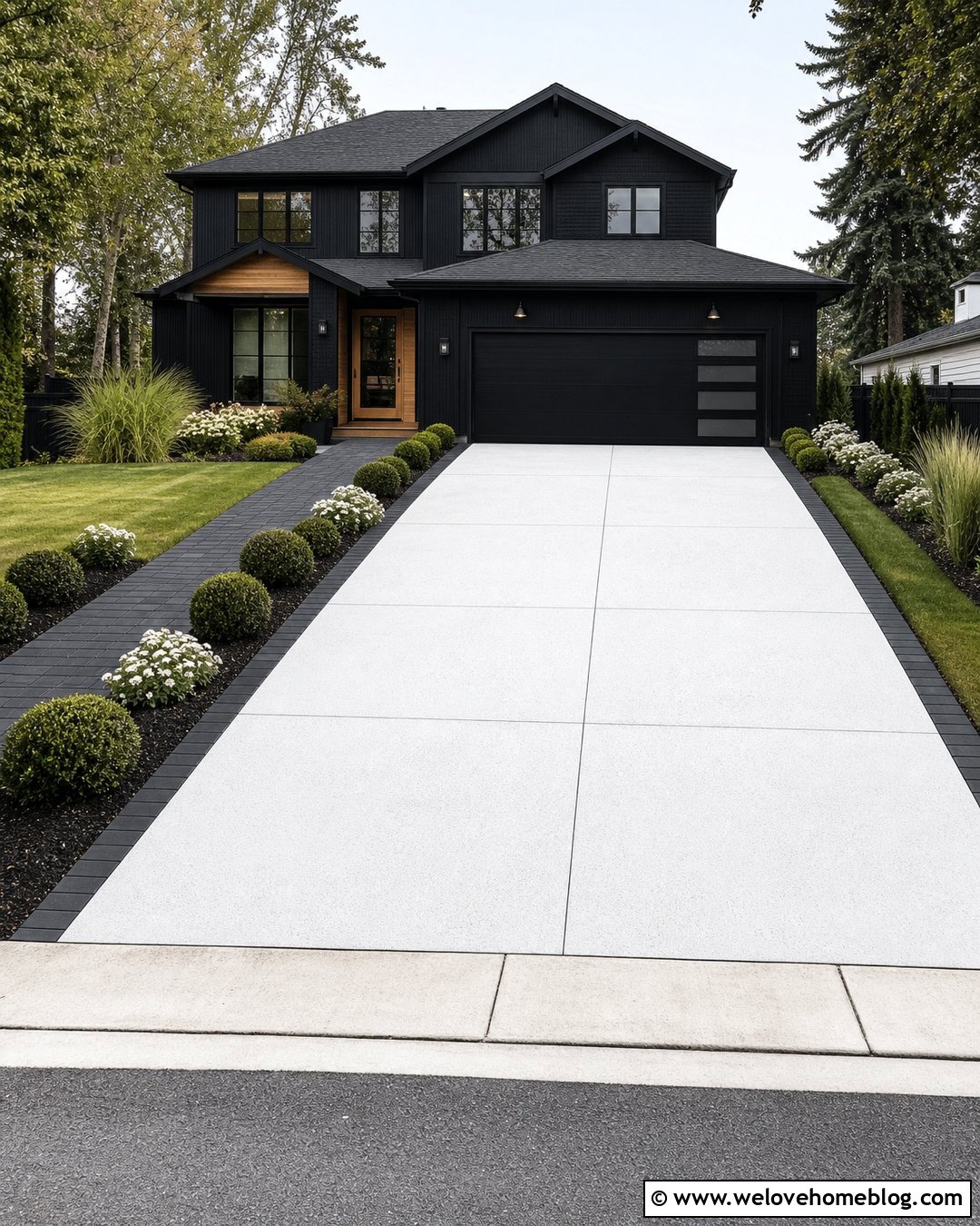 White Concrete Driveway With Black Paver Border - 25 Driveway Concrete Ideas
