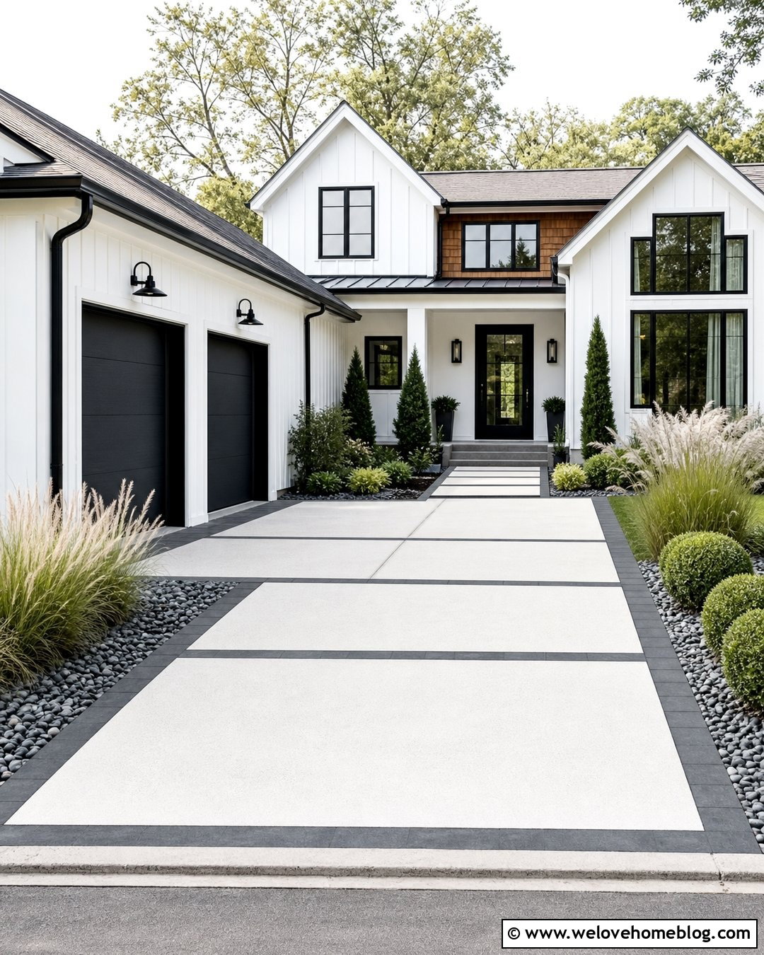 White Concrete Driveway With Black Paver Border - 40 driveway paving ideas