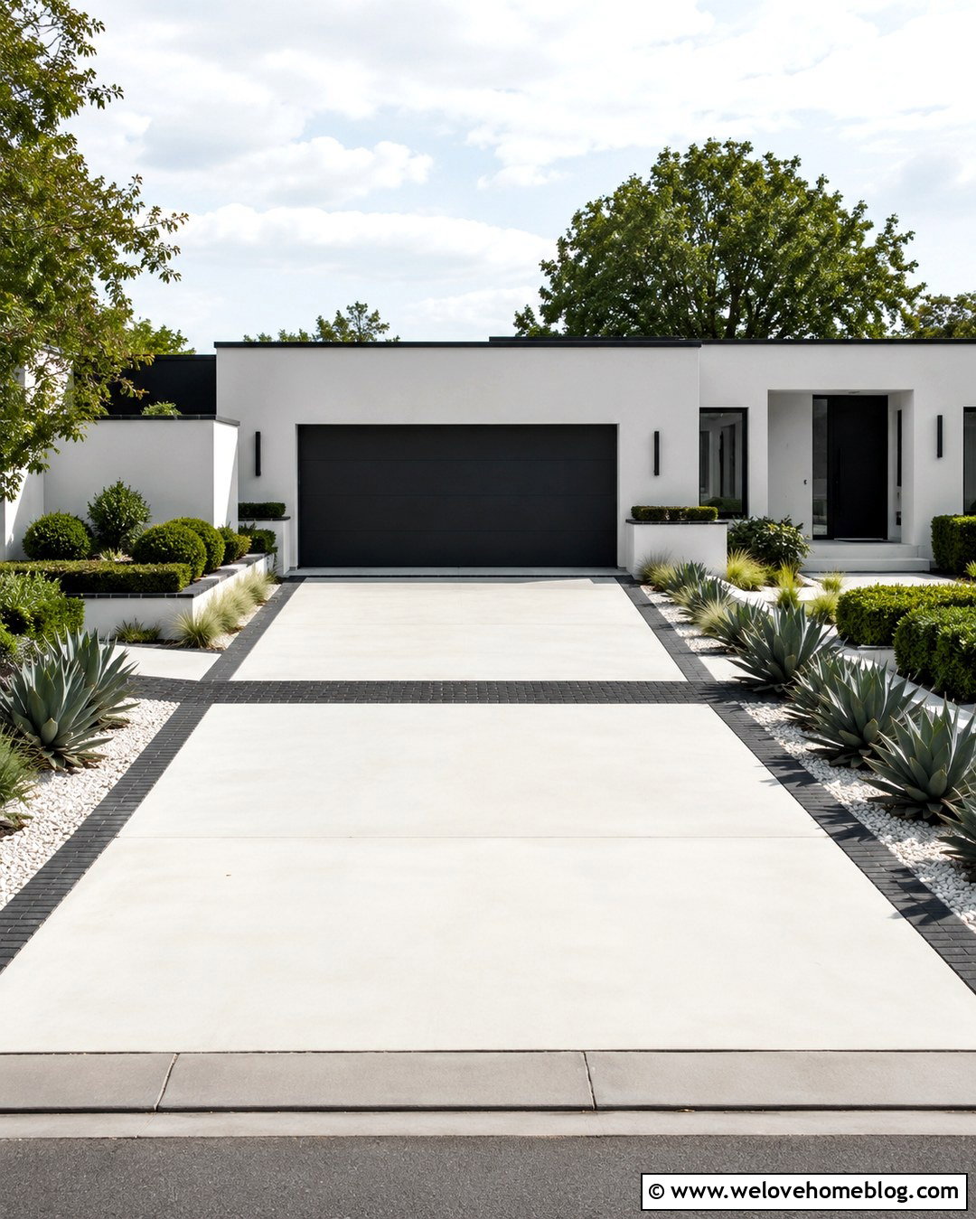 White Concrete Driveway With Black Paver Border - 20 driveway with pavers around it ideas
