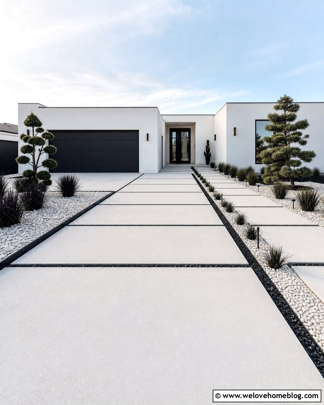 White Concrete Driveway With Black Pebble Bands - 20 New Concrete Driveway Ideas