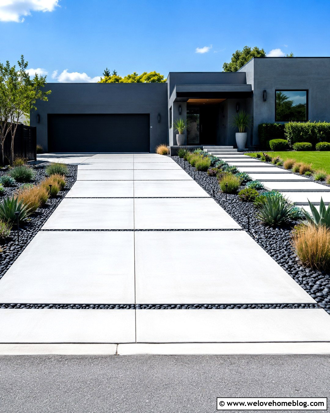White Concrete Driveway With Black Pebble Joints - 20 concrete driveways pictures ideas