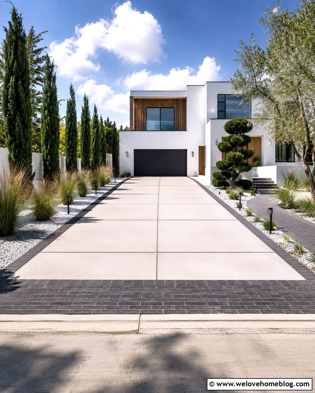 White Concrete Driveway With Charcoal Brick Border - 20 concrete and brick driveway ideas