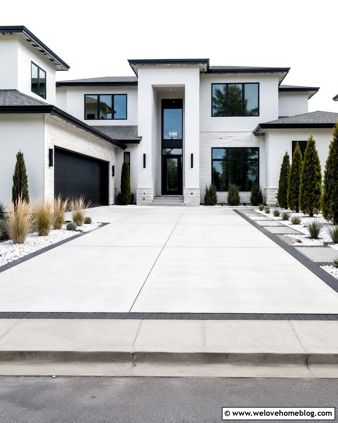 White Concrete Driveway With Charcoal Brick Edging - 20 Driveway Brick Edging Ideas