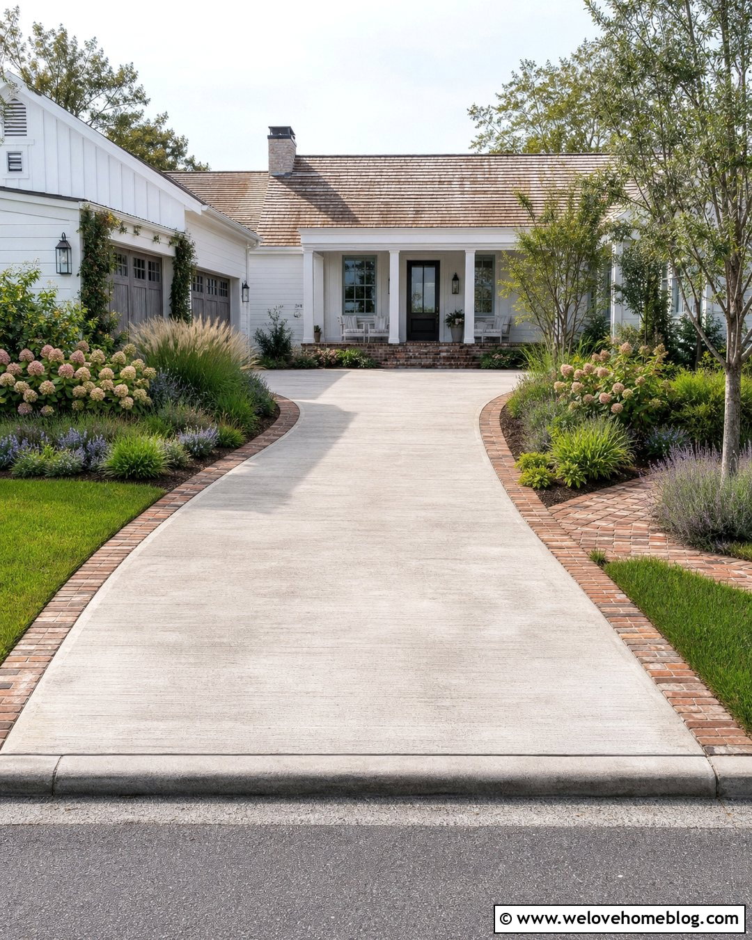 White Concrete Driveway With Reclaimed Brick Border - 25 Brick And Concrete Driveway Ideas