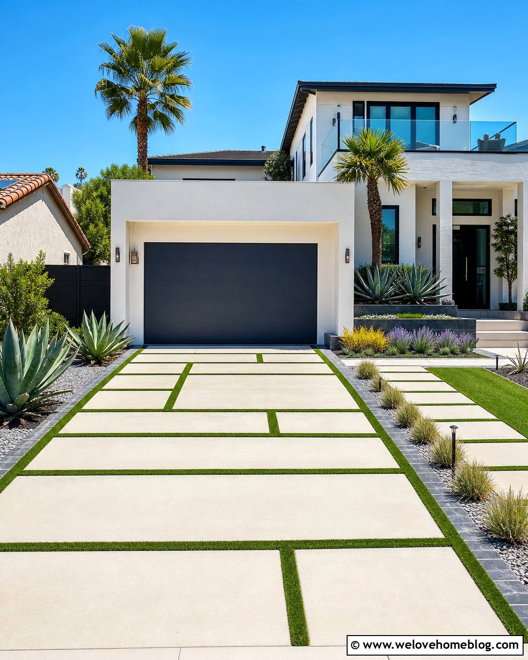 White Concrete Driveway With Turf Bands - 20 Driveway With Turf Ideas