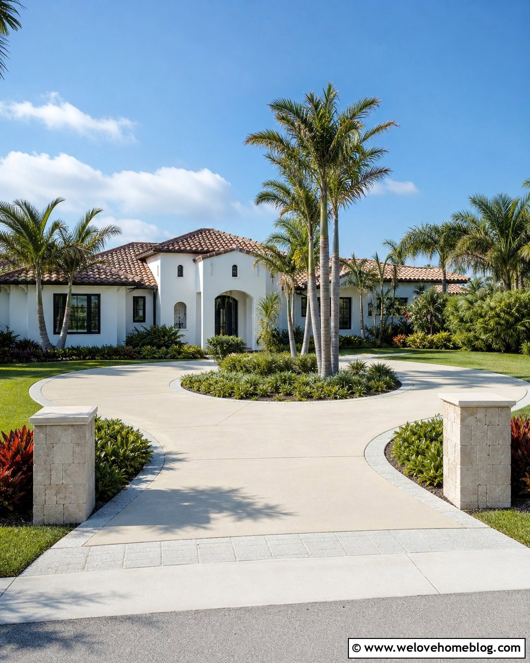 White Concrete Roundabout Driveway With Palm Landscaping - 20 roundabout driveway design ideas