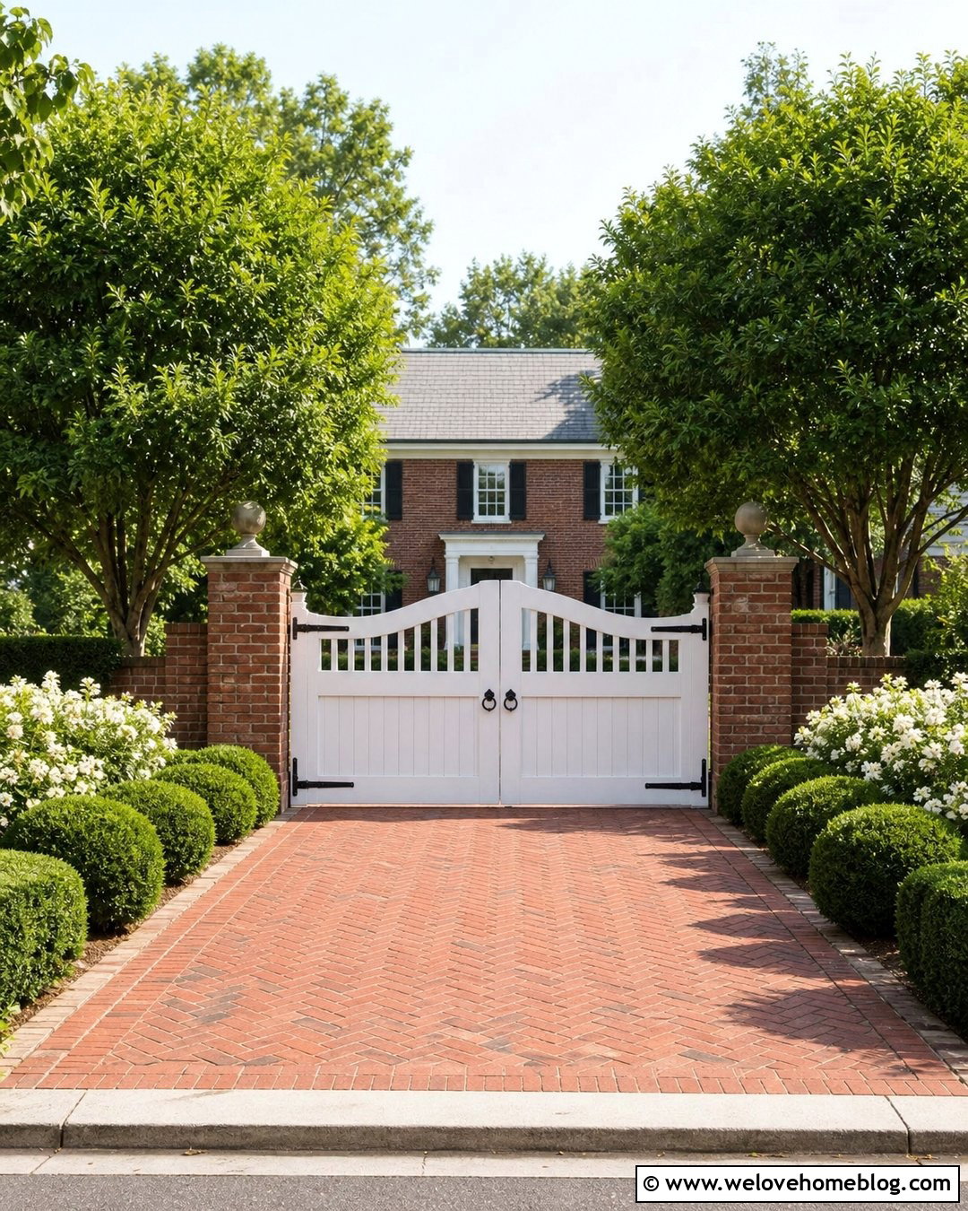 White Double Driveway Gate With Brick Columns - 20 White Double Driveway Gate Ideas