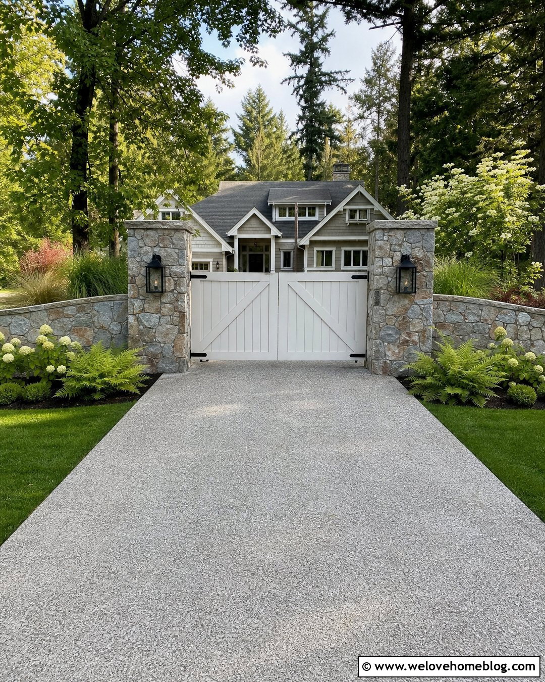 White Double Driveway Gate With Stone Pillars - 20 White Double Driveway Gate Ideas