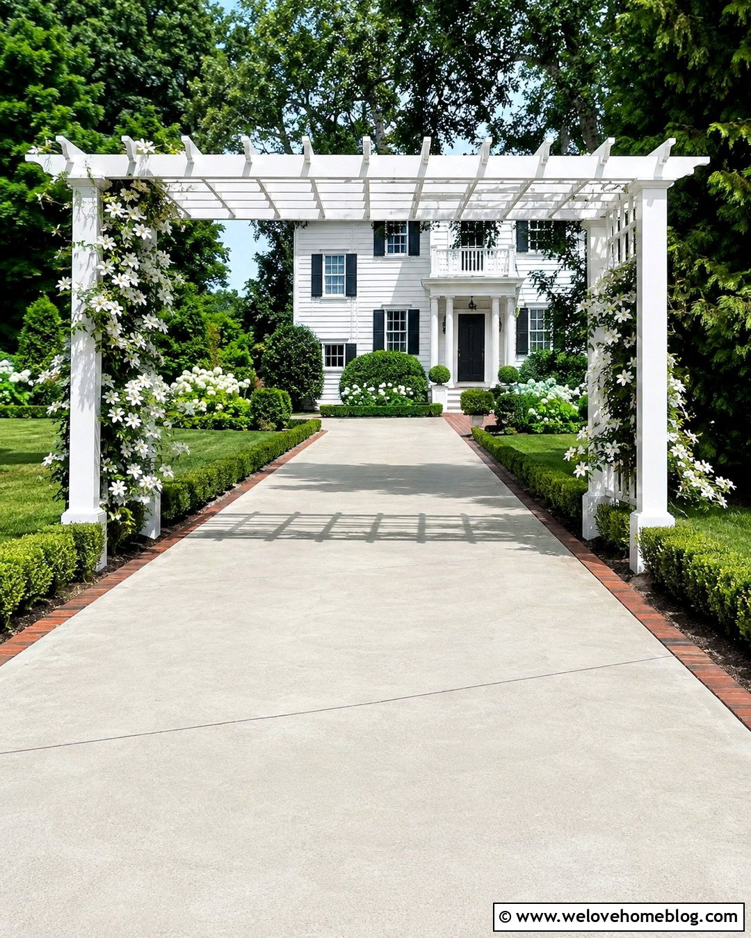 White Driveway Trellis With Concrete - 20 Trellis Over Driveway Ideas