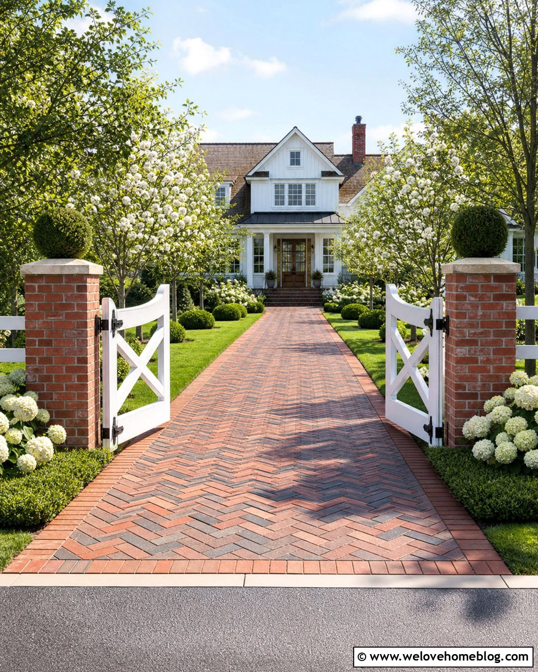 White Farm Gate With Brick Driveway - 25 Driveway Gate Design Ideas