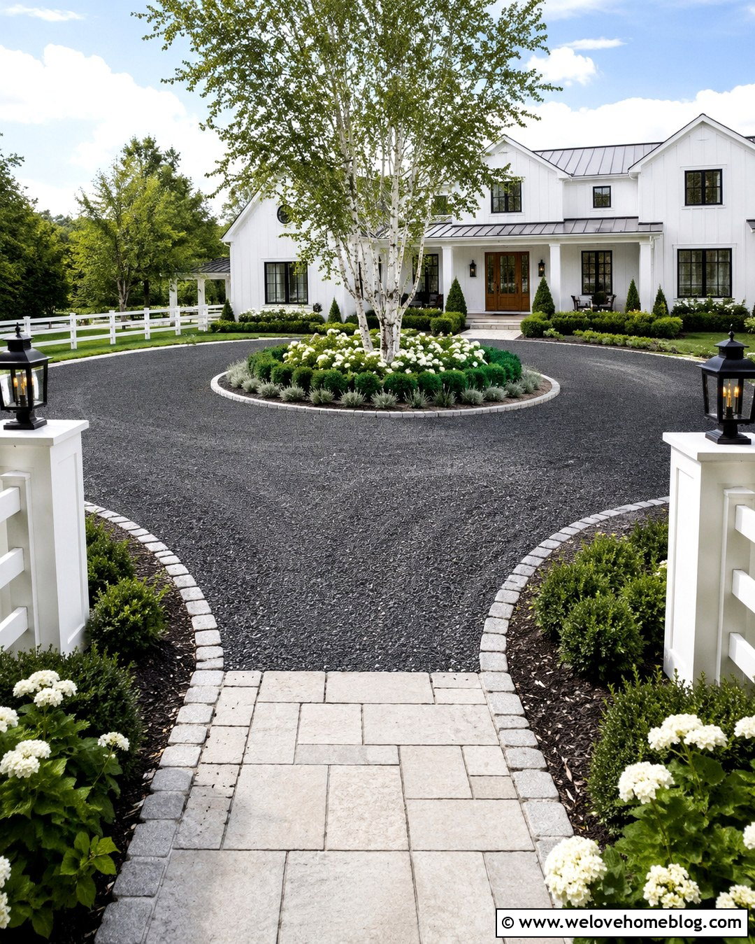 White Farmhouse Circle Driveway With Black Gravel - 20 Farmhouse Circle Driveway Ideas