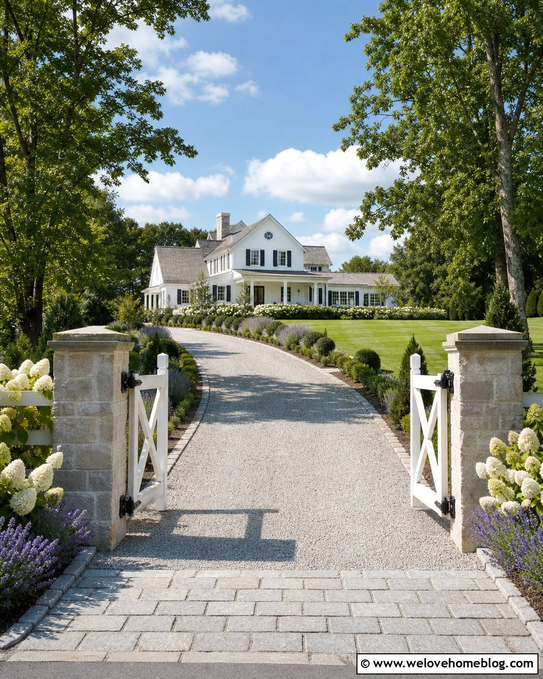 White Farmhouse Driveway Gate With Gravel - 35 Front Gate Entrance Driveway Ideas