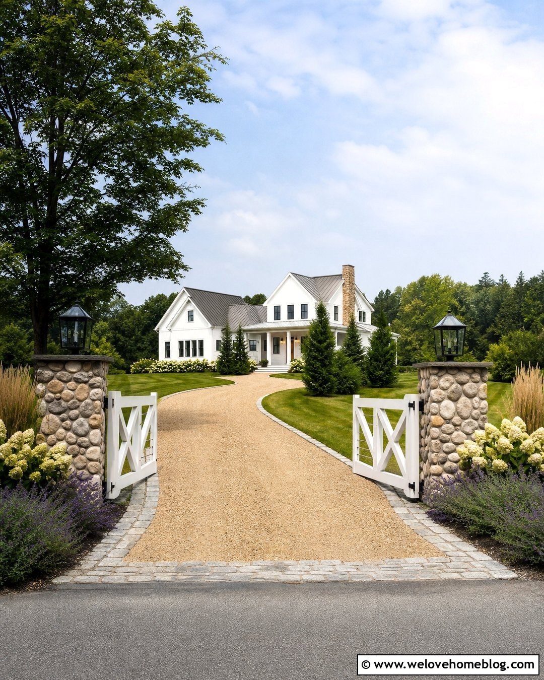 White Farmhouse Driveway Gate With River Rock Pillars - 20 Driveway Gate With Stone Pillars Ideas
