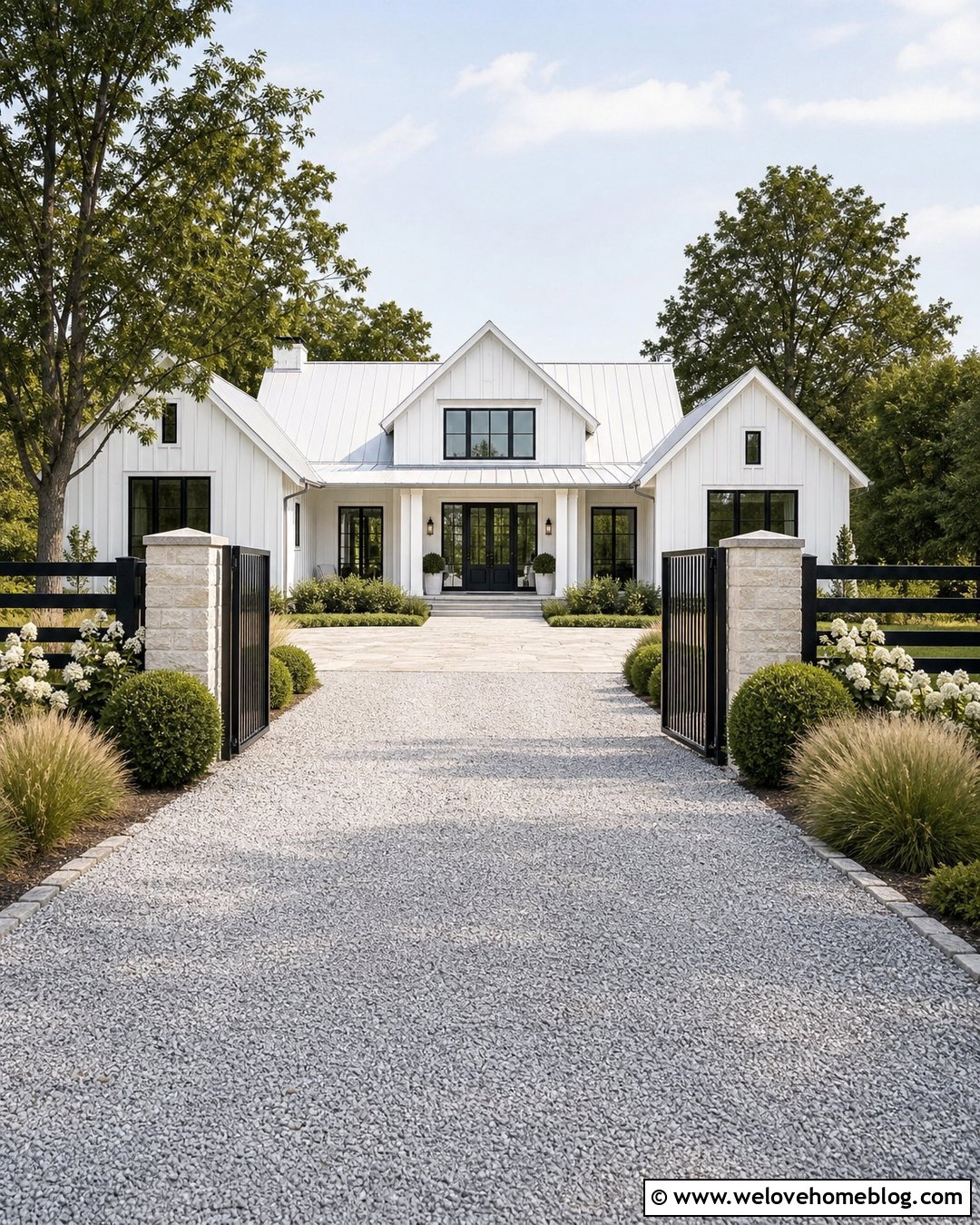 White Farmhouse Driveway With Black Metal Gate - 35 Farm Driveway Ideas