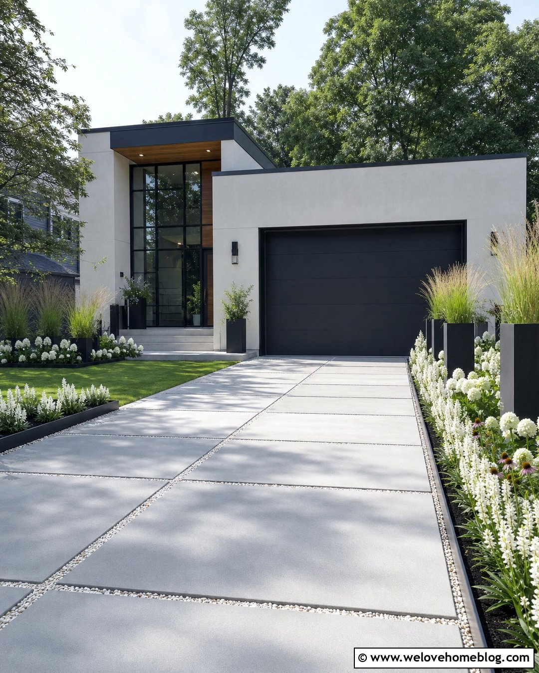 White Flower Lined Modern Driveway - 25 flower lined driveway ideas