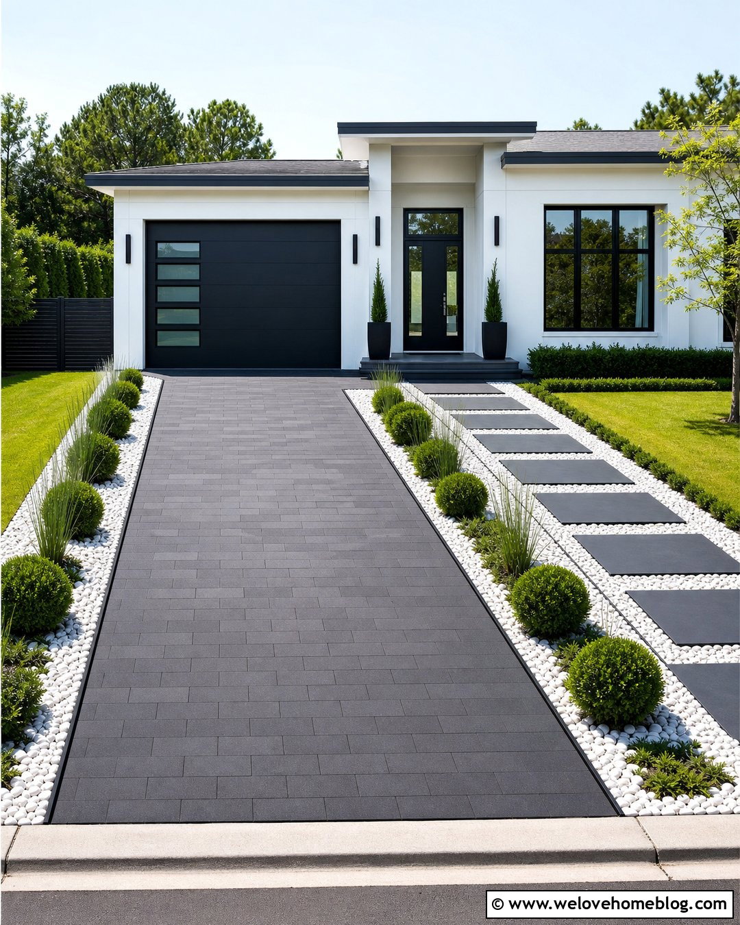 White Gravel Along Paver Driveway - 20 Gravel Along Driveway Ideas
