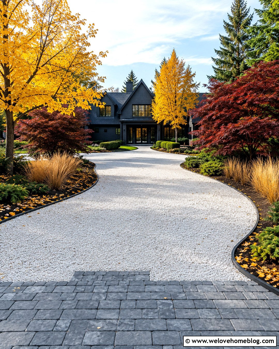 White Gravel Autumn Leafy Driveway - 20 Autumn Leafy Driveway Ideas