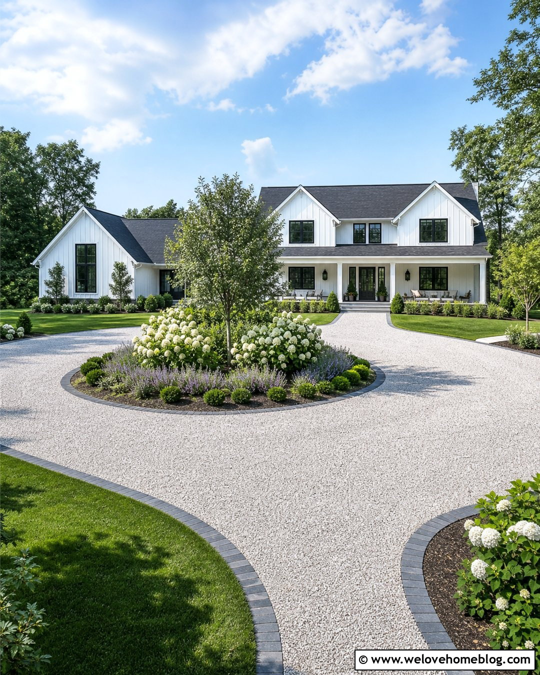 White Gravel Circle Driveway With Farmhouse Landscaping - 35 Circle Driveway Ideas