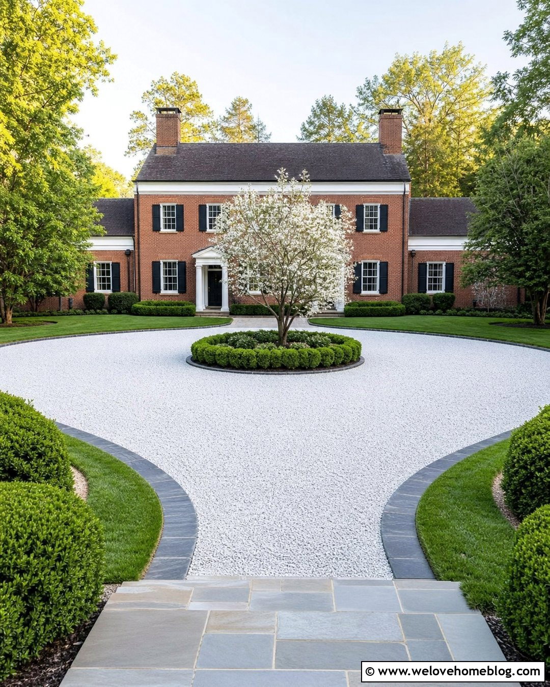 White Gravel Circular Driveway With Boxwood Island - 20 gravel circular driveway ideas