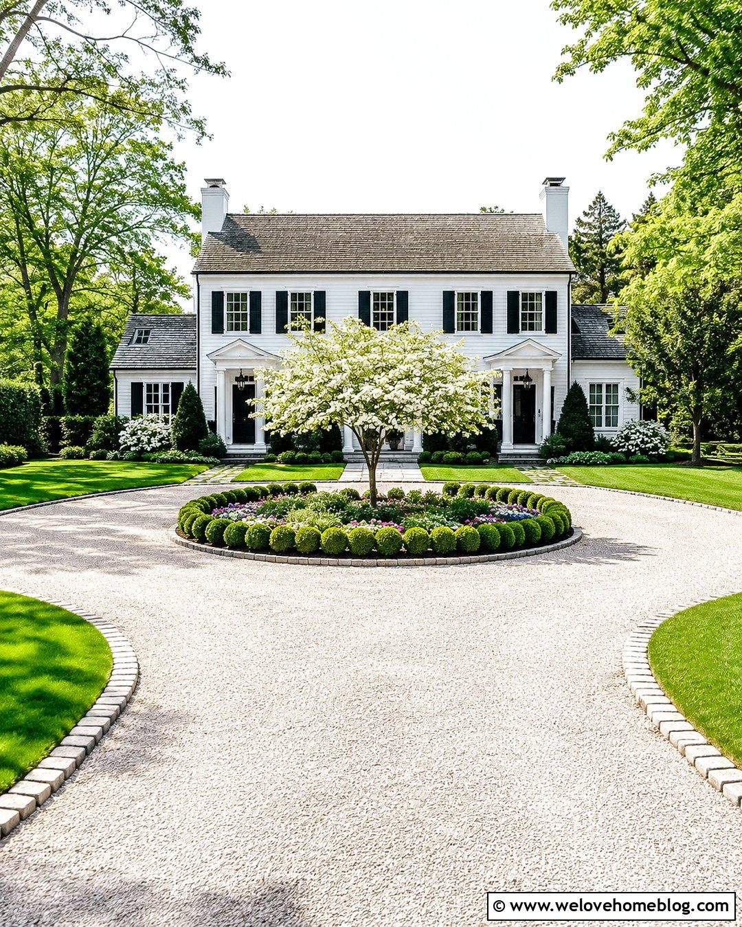 White Gravel Circular Farmhouse Driveway - 20 Farmhouse Driveway Inspiration Ideas