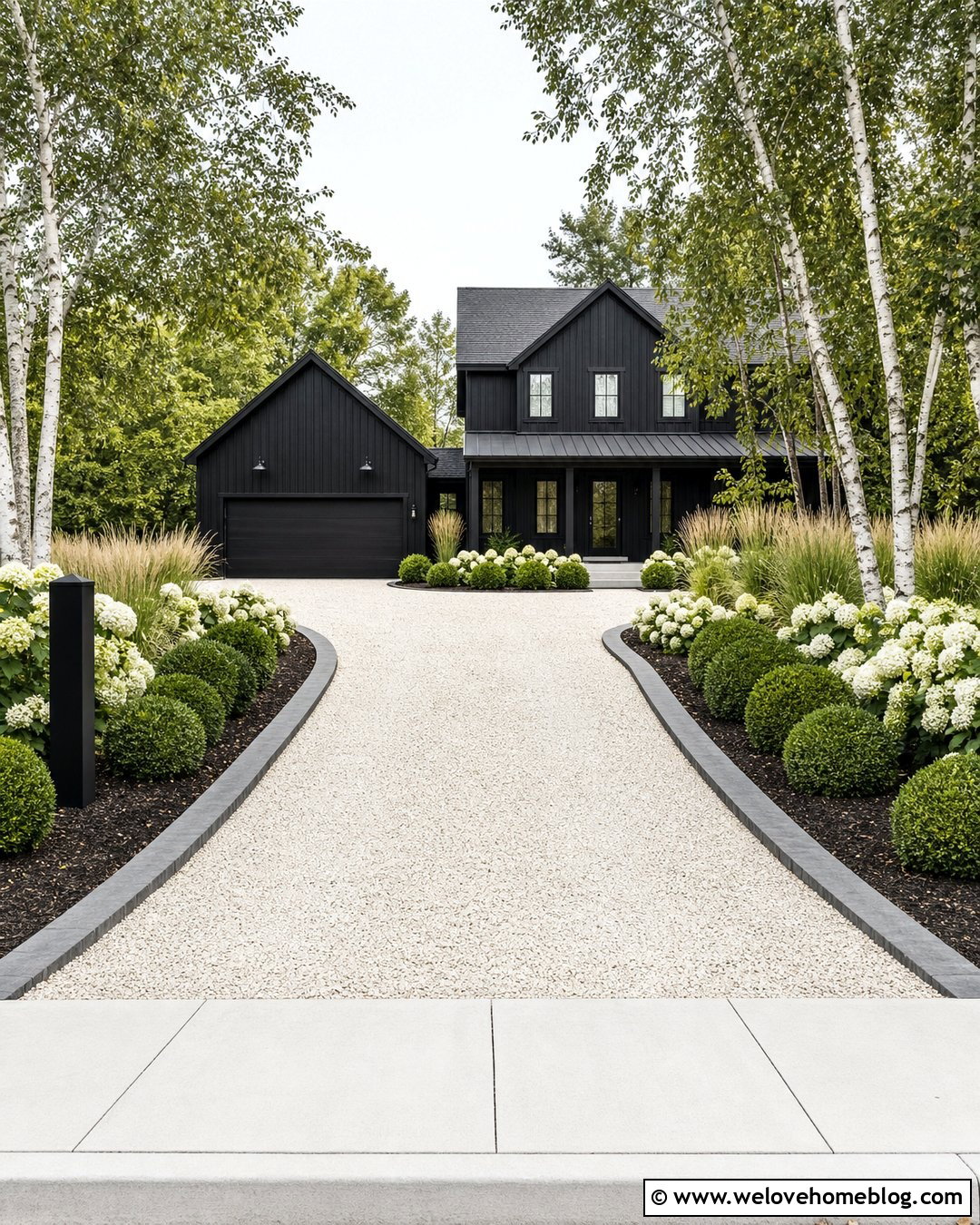 White Gravel Driveway With Black Farmhouse Accents - 20 Farmhouse Gravel Driveway Ideas