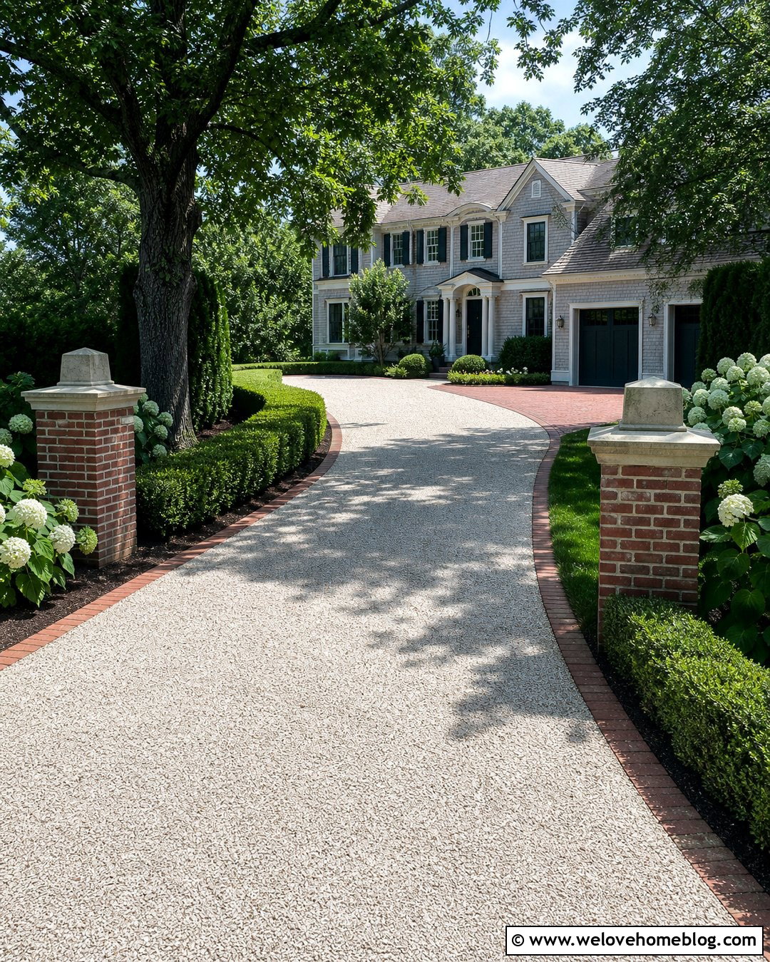 White Gravel Driveway With Brick Entrance Pillars - 20 Decorative Driveway Ideas