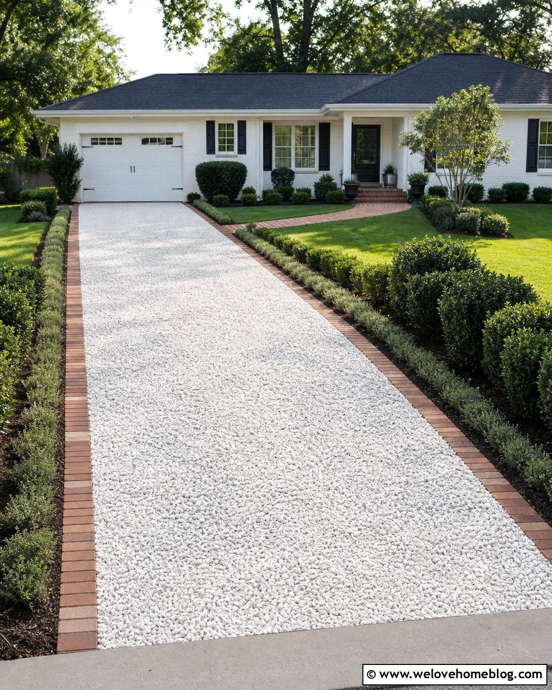 White Gravel Driveway With Brick Ribbon - 20 Gravel Vs Concrete Driveway Ideas