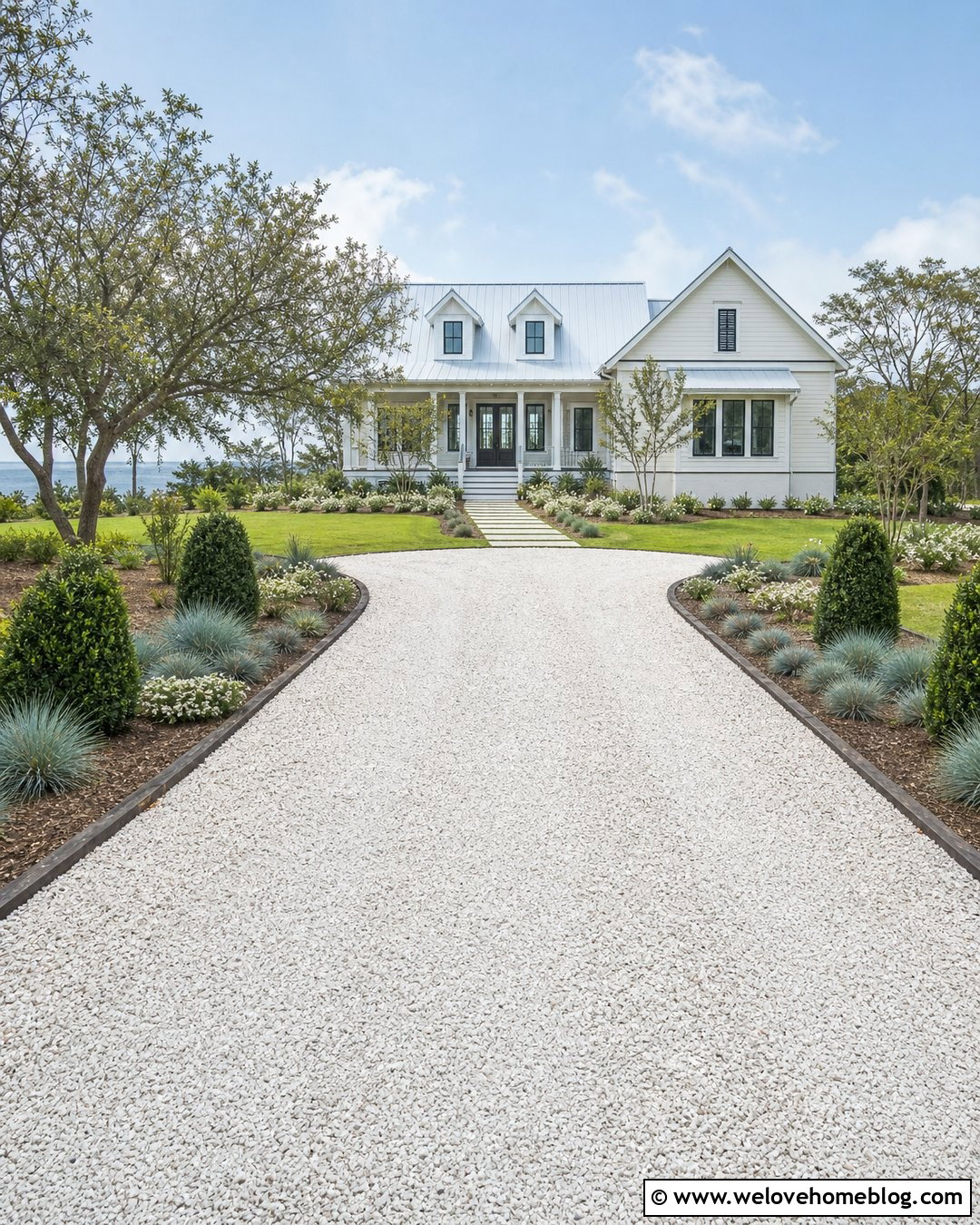 White Gravel Driveway With Cedar Timber Edging - 20 Landscape Timber Driveway Edging Ideas