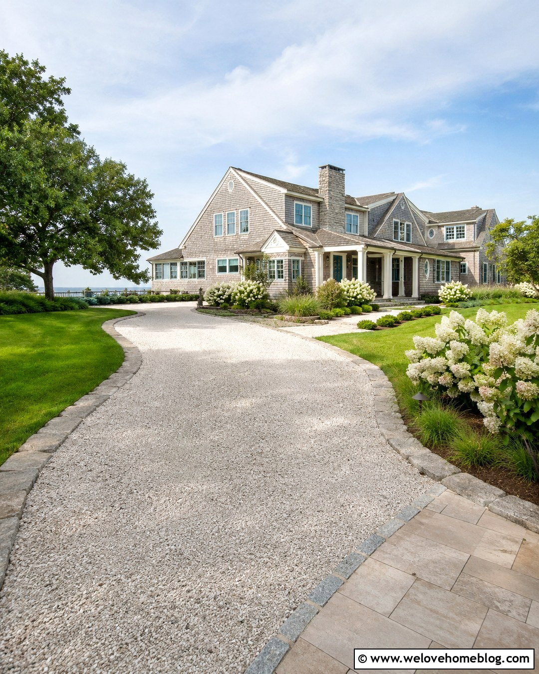 White Gravel Driveway With Coastal Planting - 20 American Driveway Ideas