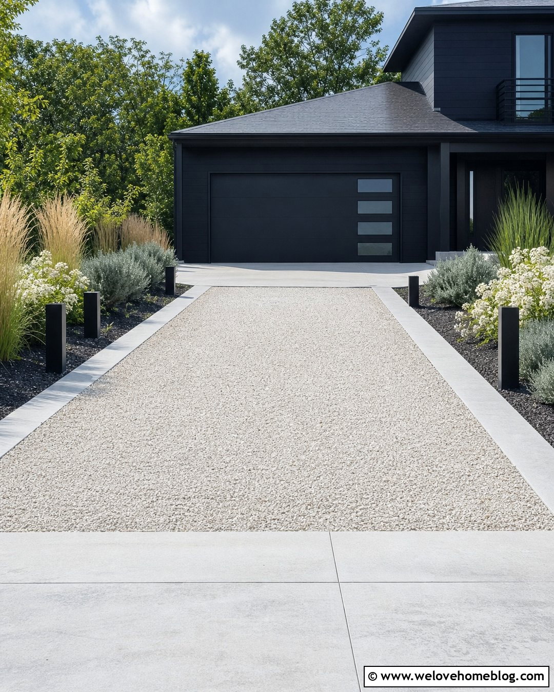 White Gravel Driveway With Concrete Borders - 35 Modern Driveway Design Ideas